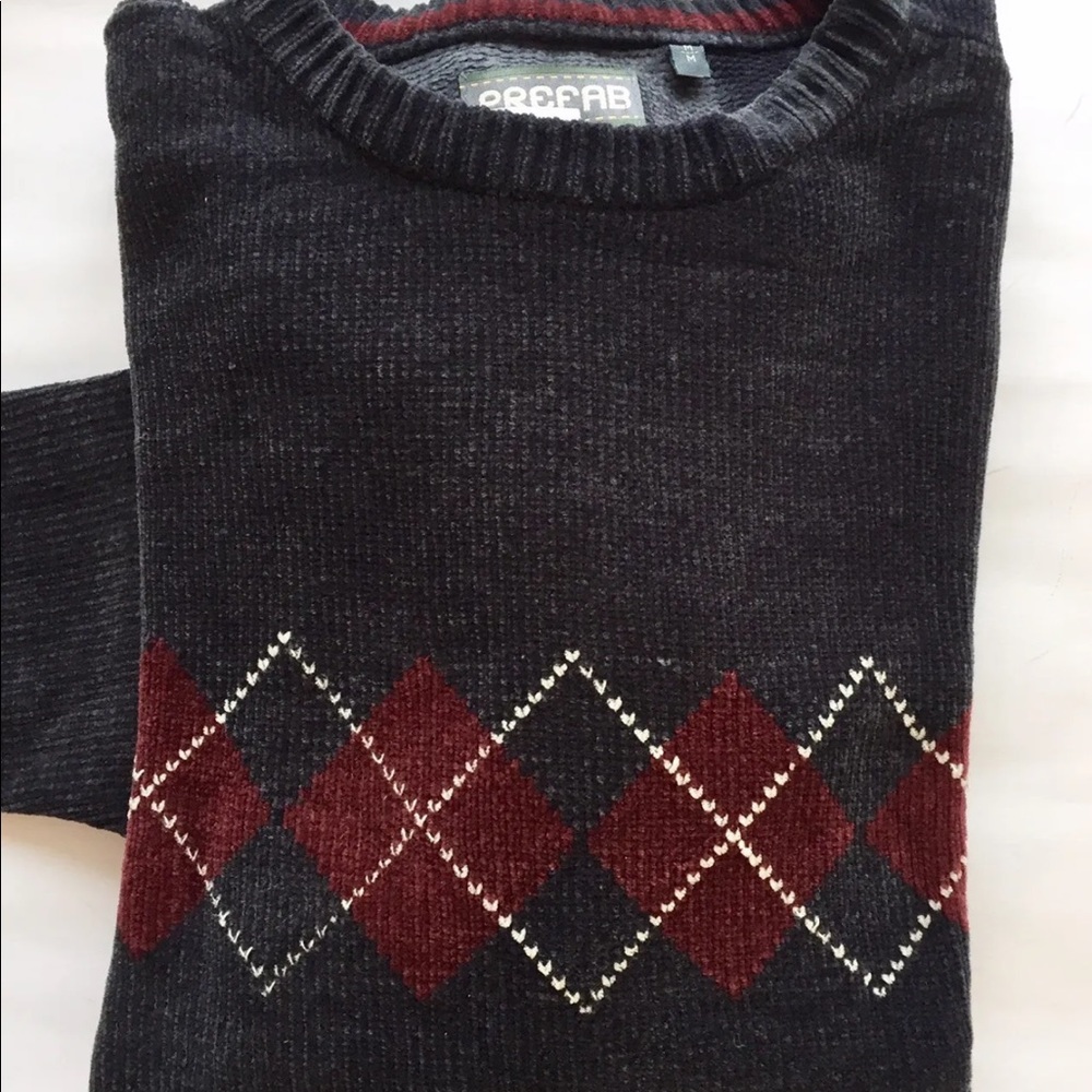 VTG Prefab Men Crew Neck Velveteen Sweater Med Navy Blue Argyle Print